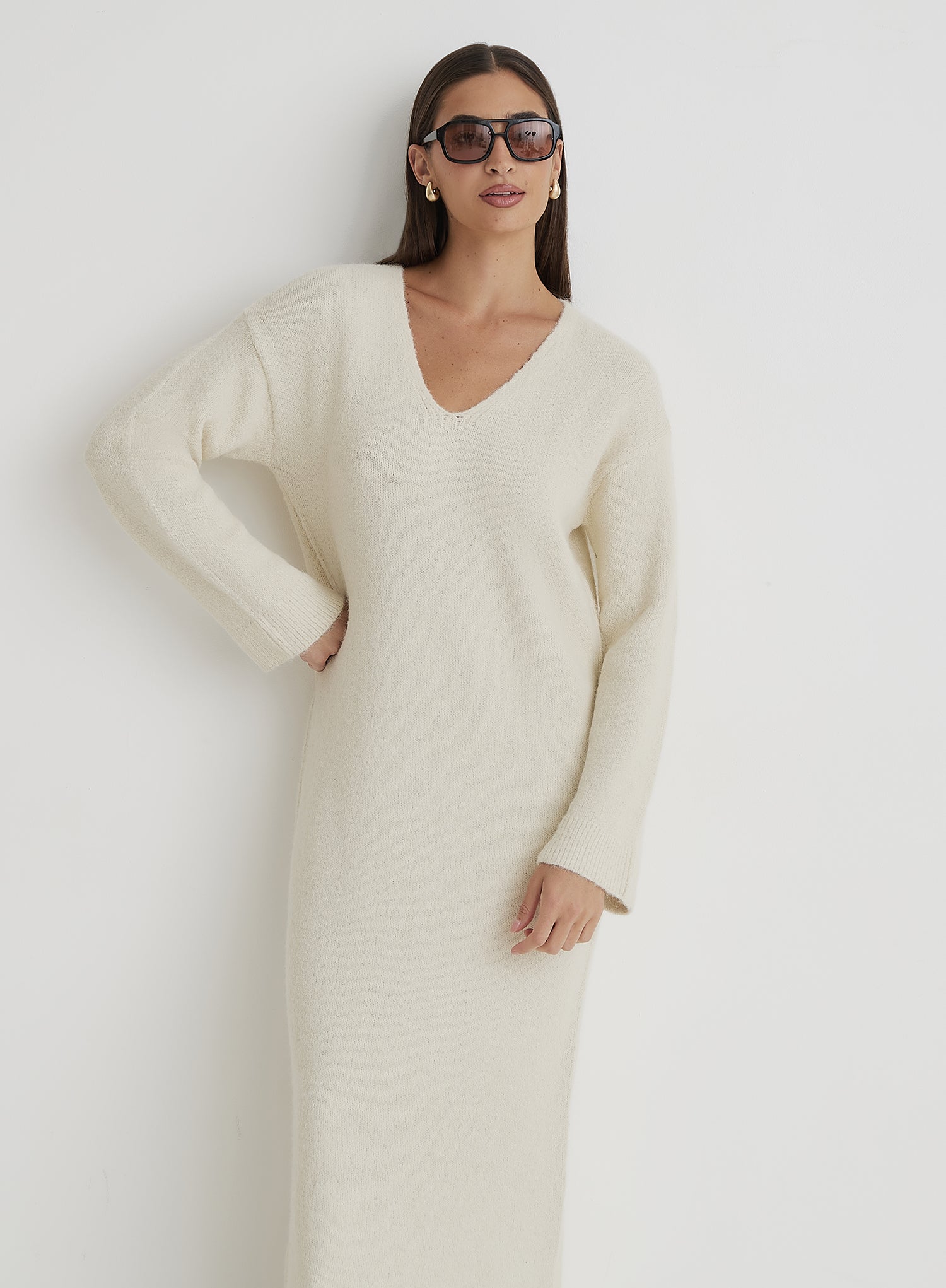 Cream V Neck Knitted Maxi Dress